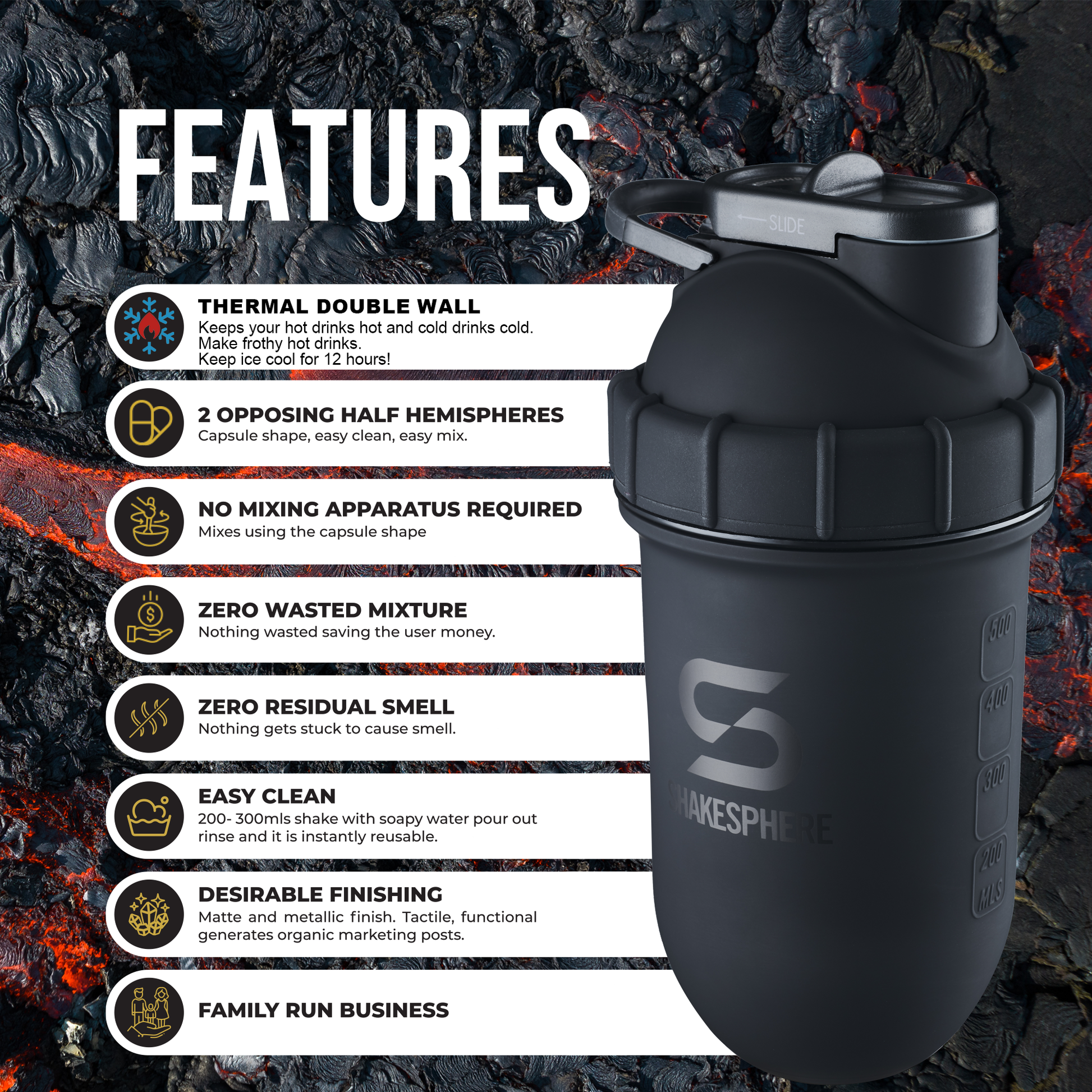 Protein shaker bottle 700mls "Tumbler" Double Wall Steel Matte Black