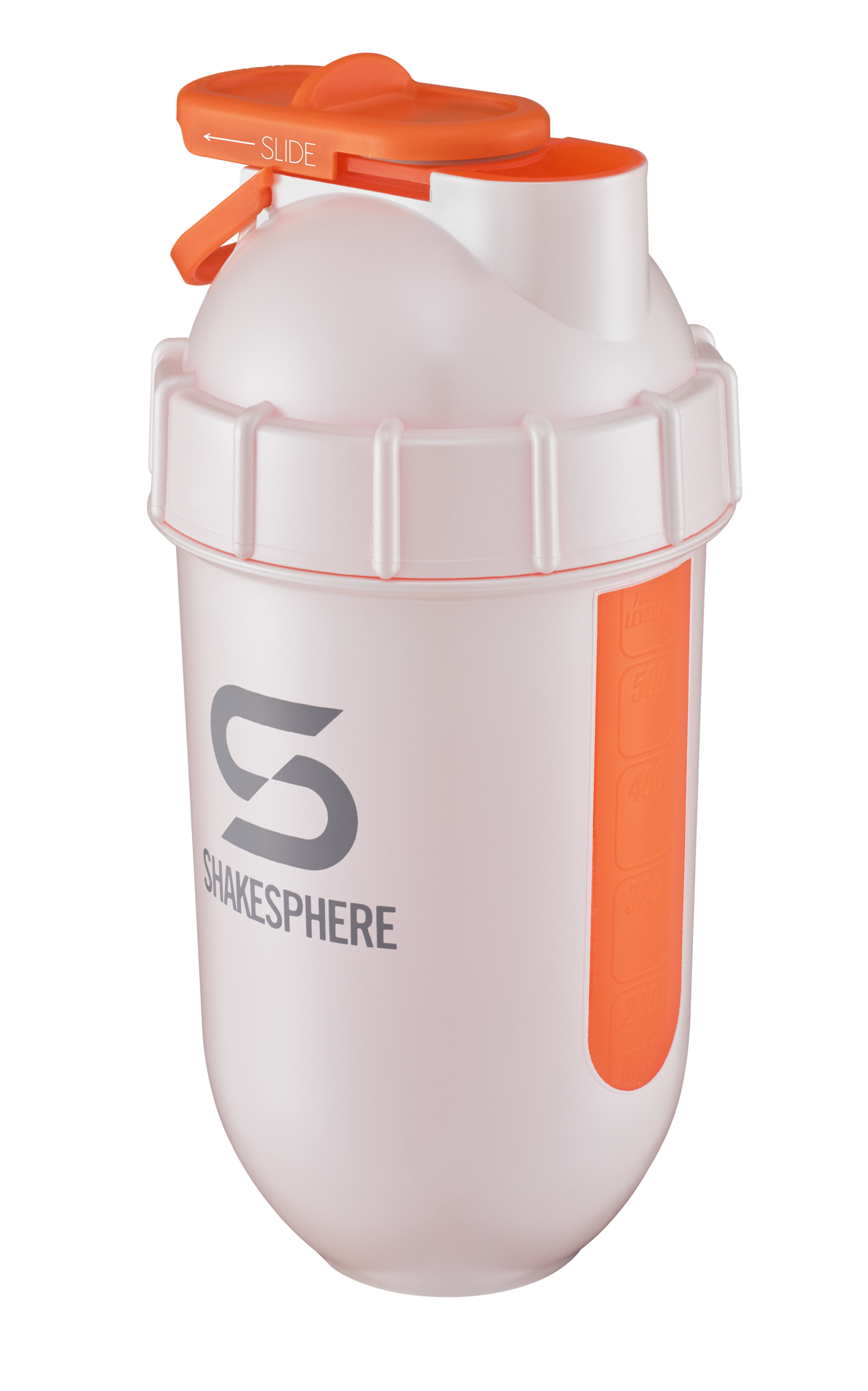 Protein shaker bottle 700mls "Tumbler View" Pearl White/Orange Window