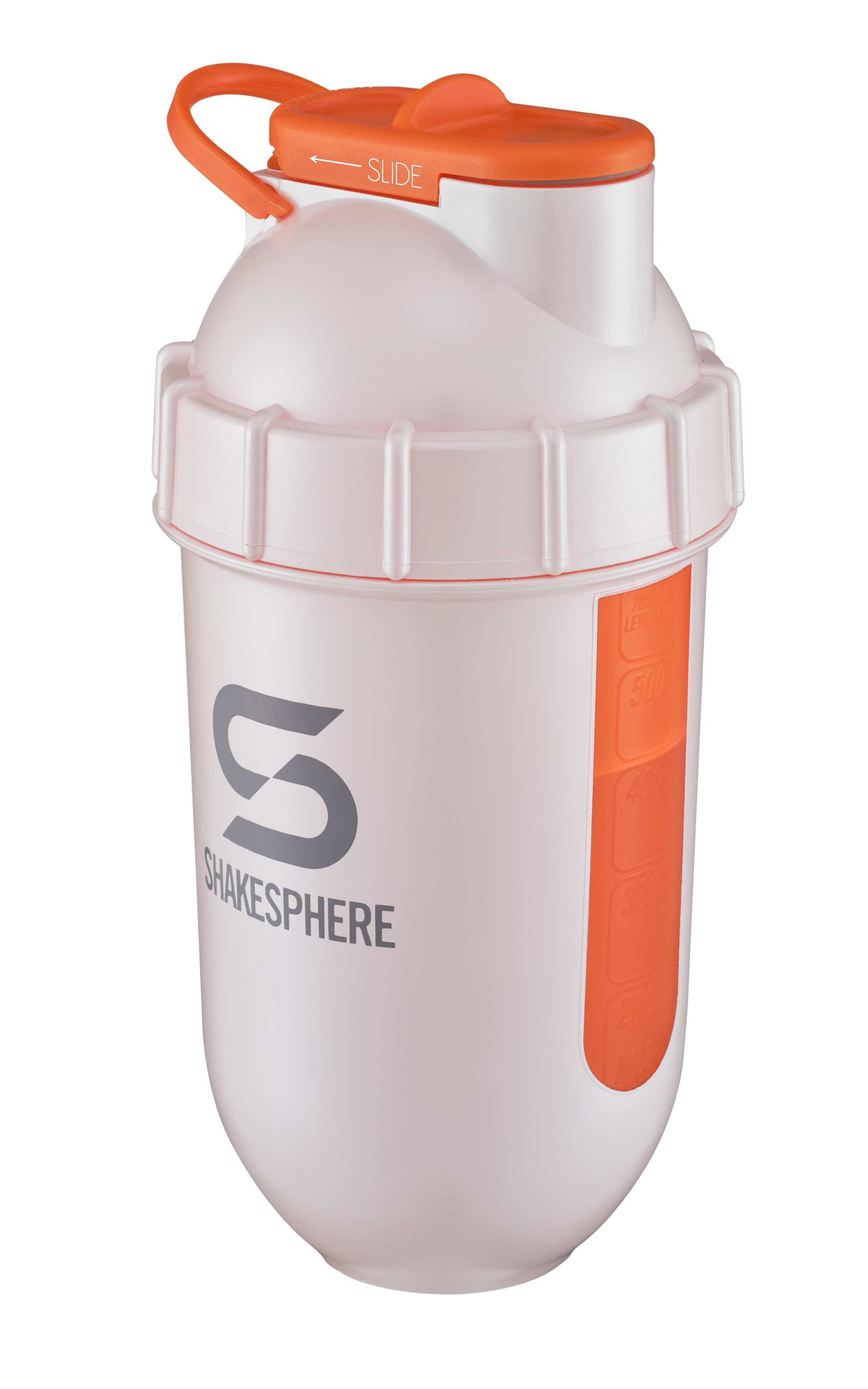 Protein shaker bottle 700mls "Tumbler View" Pearl White/Orange Window