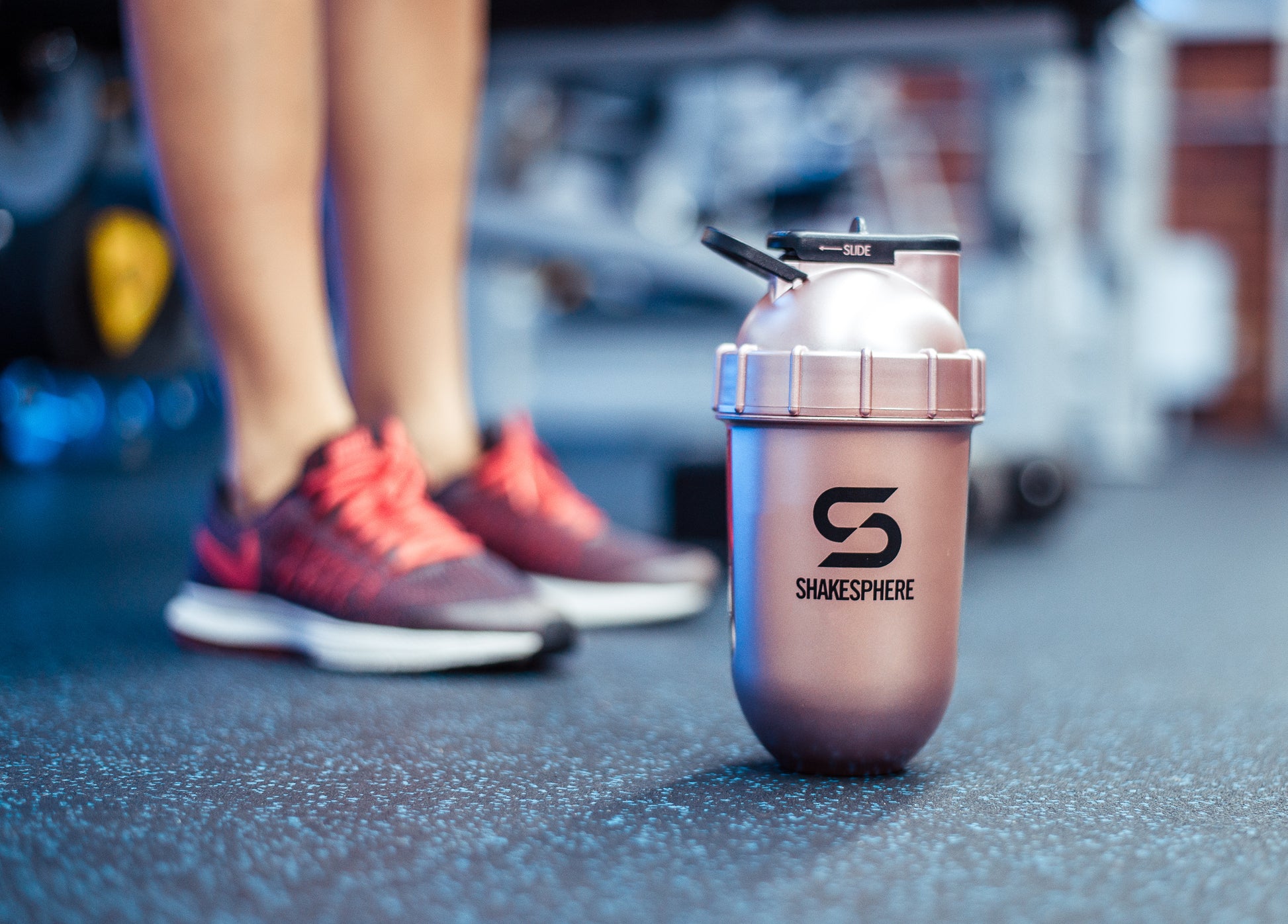 Protein shaker bottle 700mls "Tumbler View" Rose Gold/Black Logo/Black Window