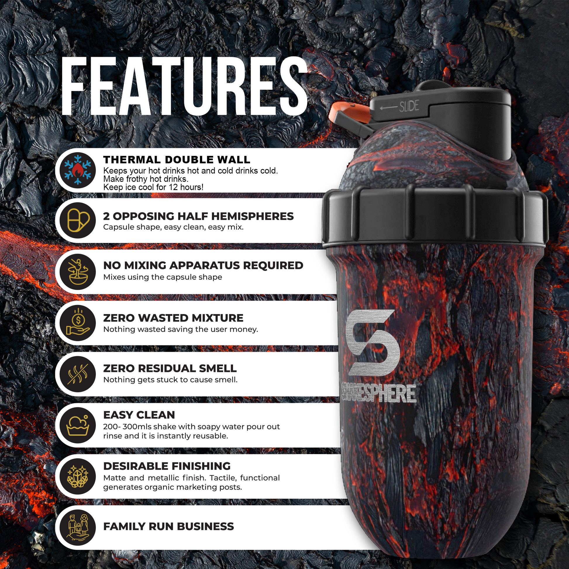 Protein shaker bottle 700mls "Tumbler" Double Wall Steel Lava