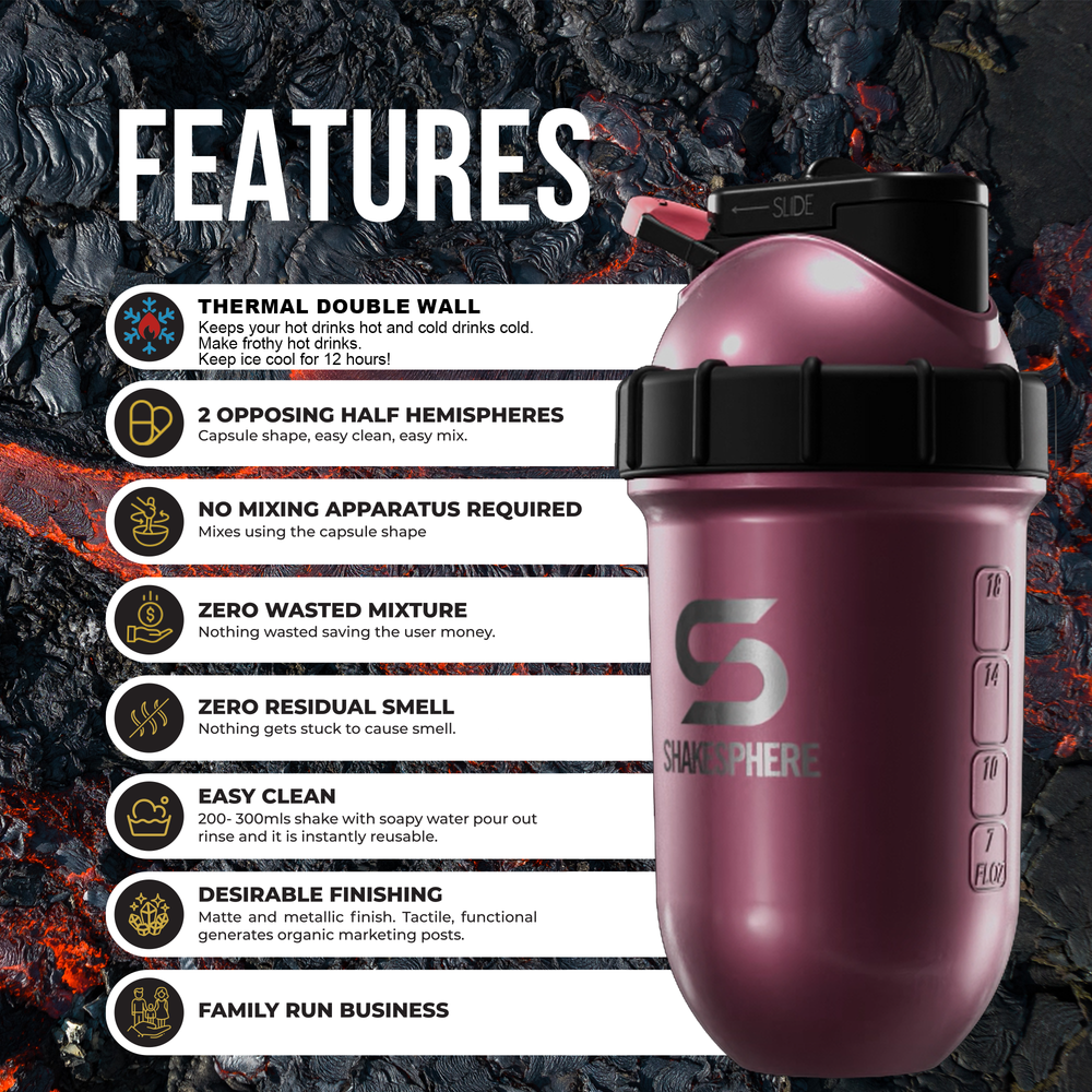 Protein shaker bottle 700mls "Tumbler" Double Wall Steel Rose Gold Black