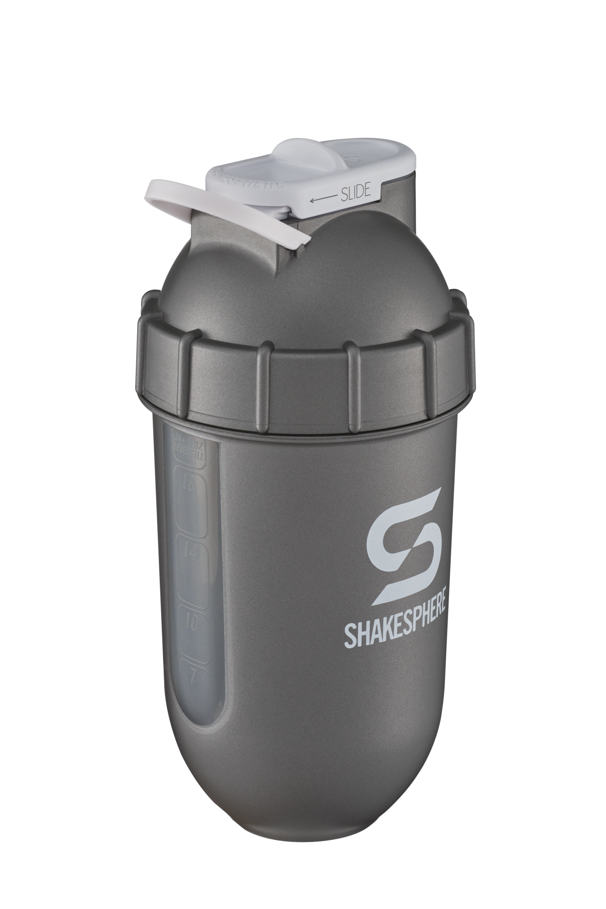 Protein shaker bottle 700mls "Tumbler View" Gun Metal/White Logo/Clear Window